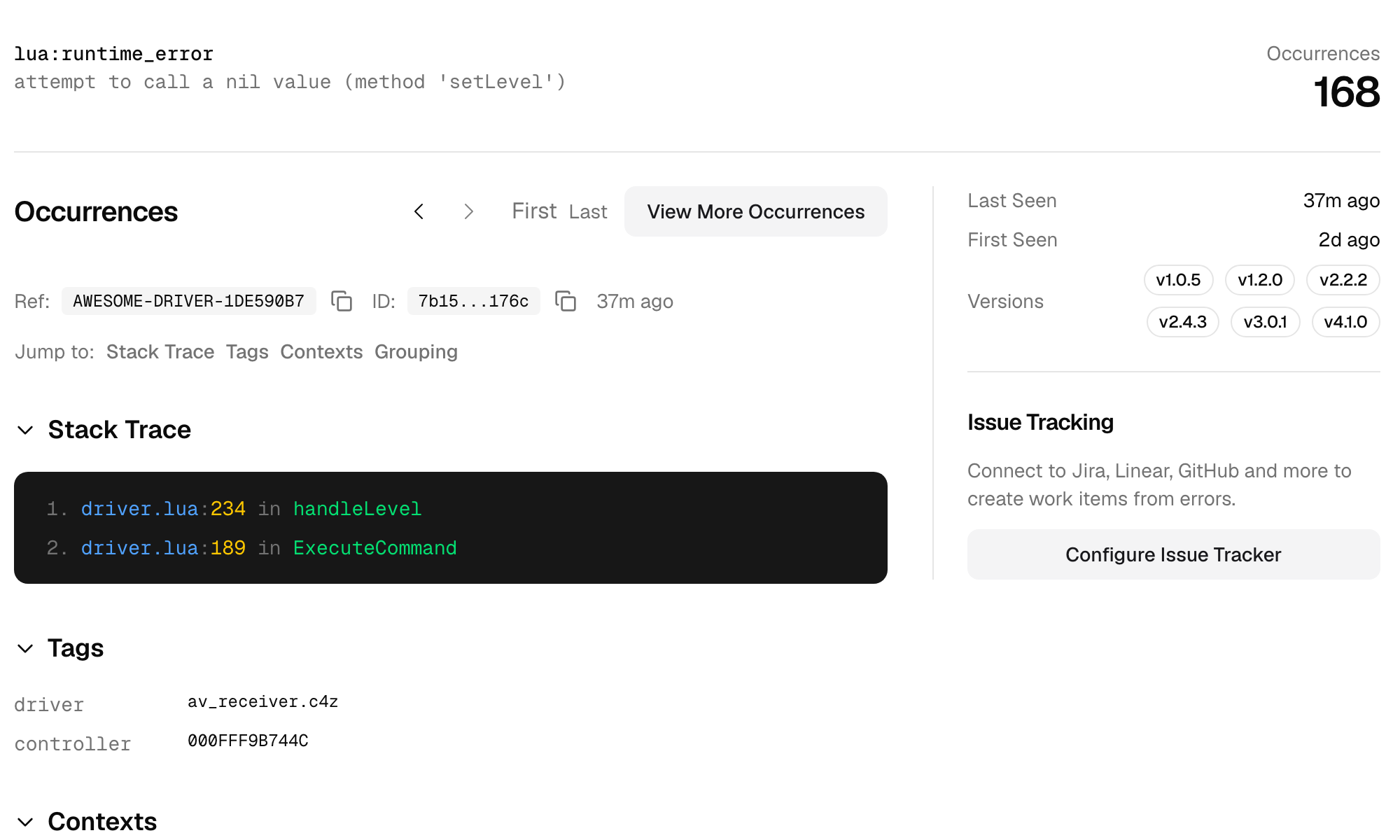 Anvil error tracking for a Control4 driver